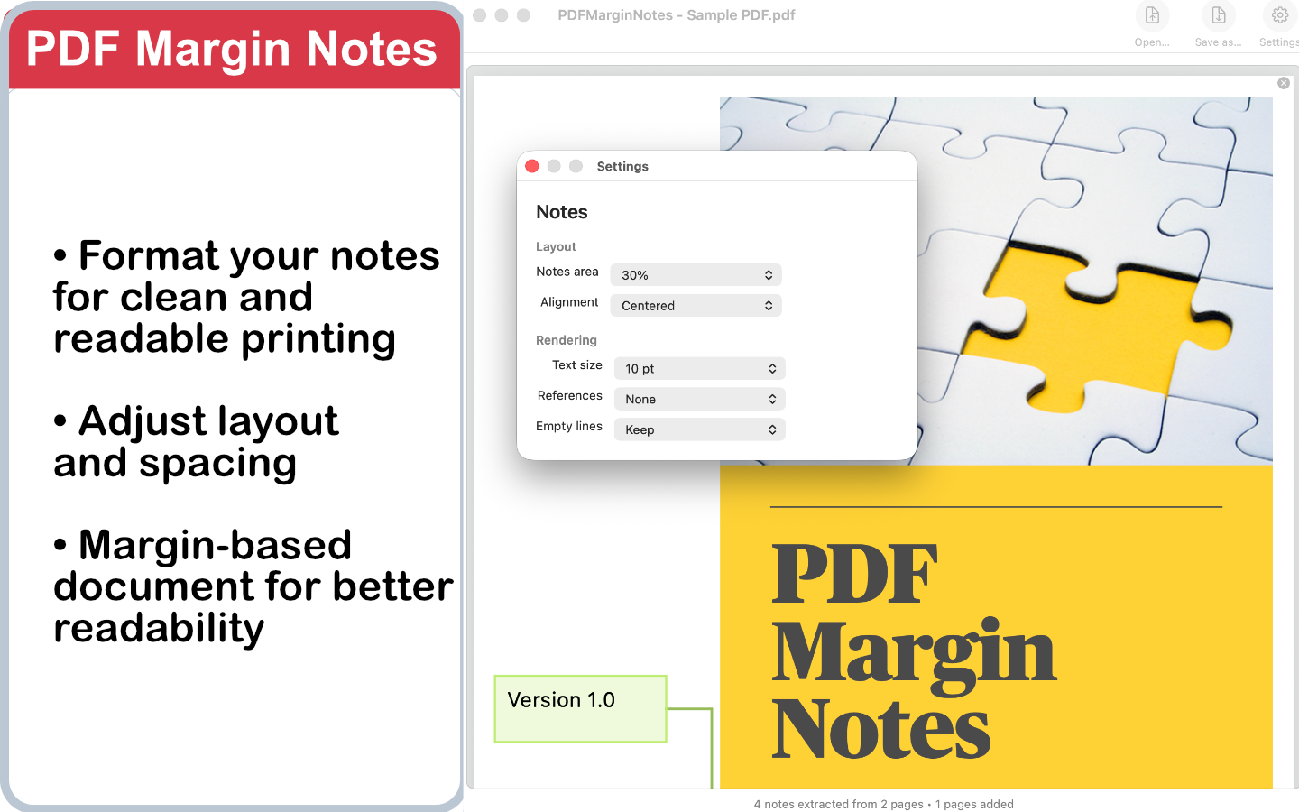 PDFMarginNotes settings for customizing note width, alignment and text size