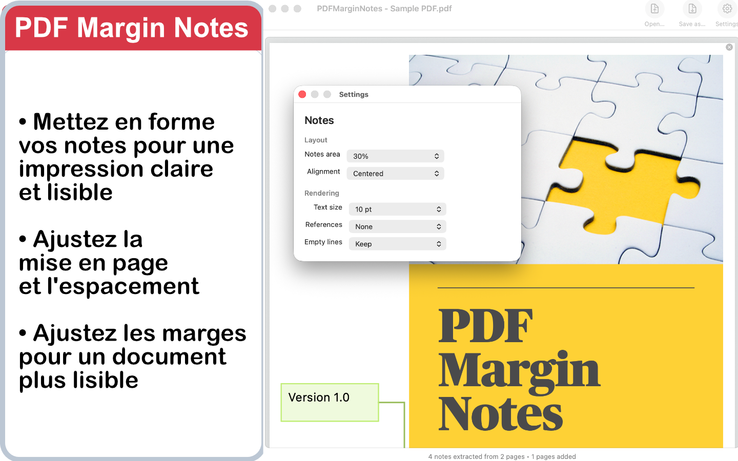 Réglages de PDFMarginNotes pour personnaliser la largeur, l’alignement et la taille du texte des notes